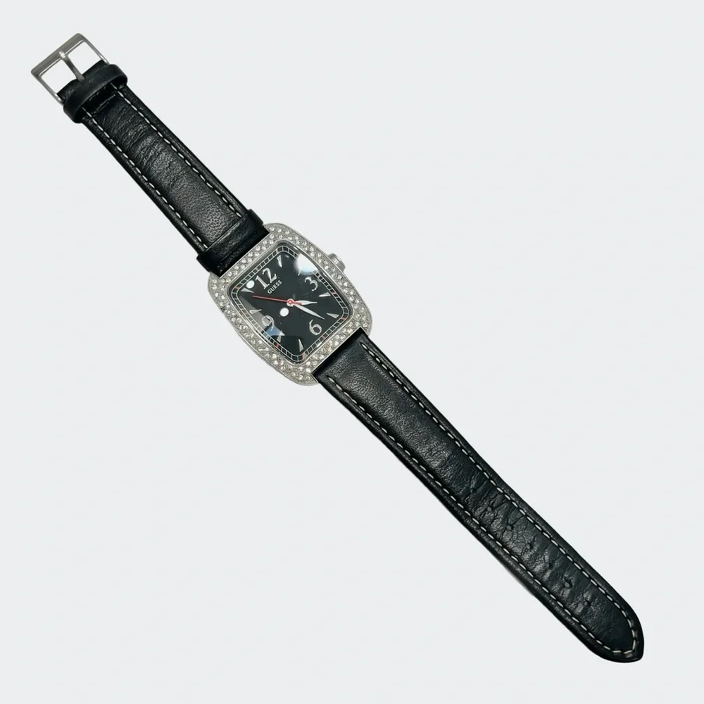 GUESS BLACK TANK WATCH w RECTANGLE FACE & PAVE CRYSTAL BEZEL & LEATHER STRAP